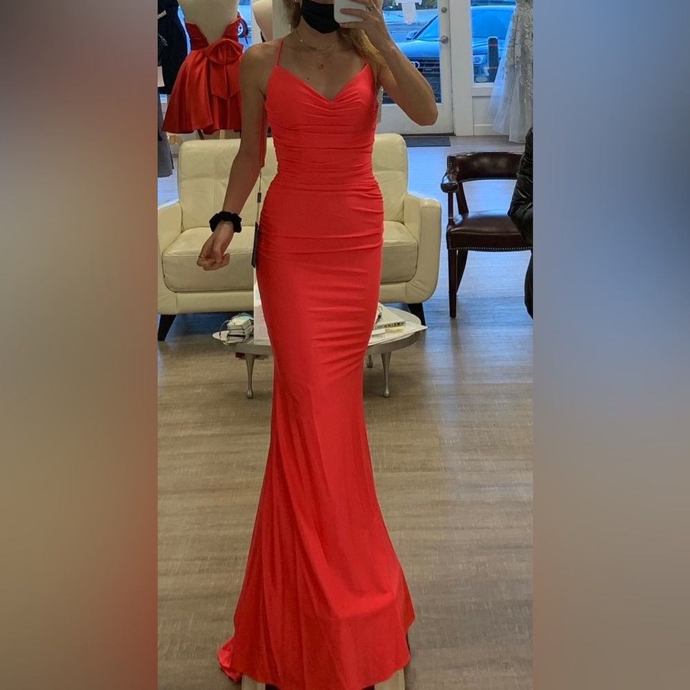 La Femme Neon Coral Prom Dress